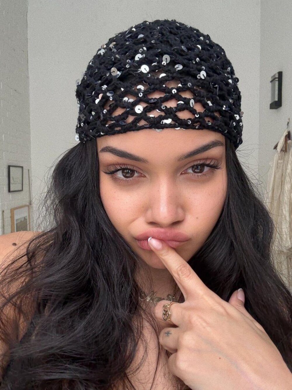 Black Sequin Crochet Beanie Y2K Slouchy Festival Hat